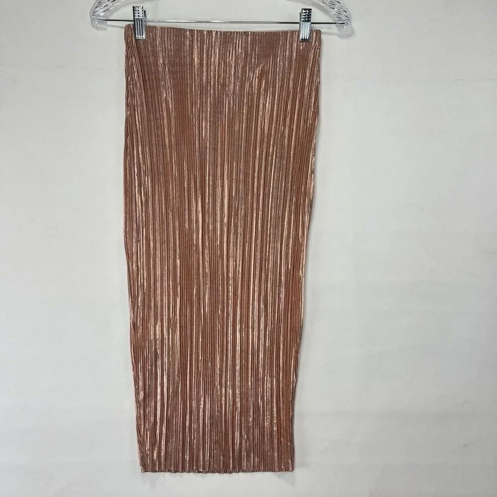 Women Metallic Golden Midi Skirt Size 4 Pleated Stretch
